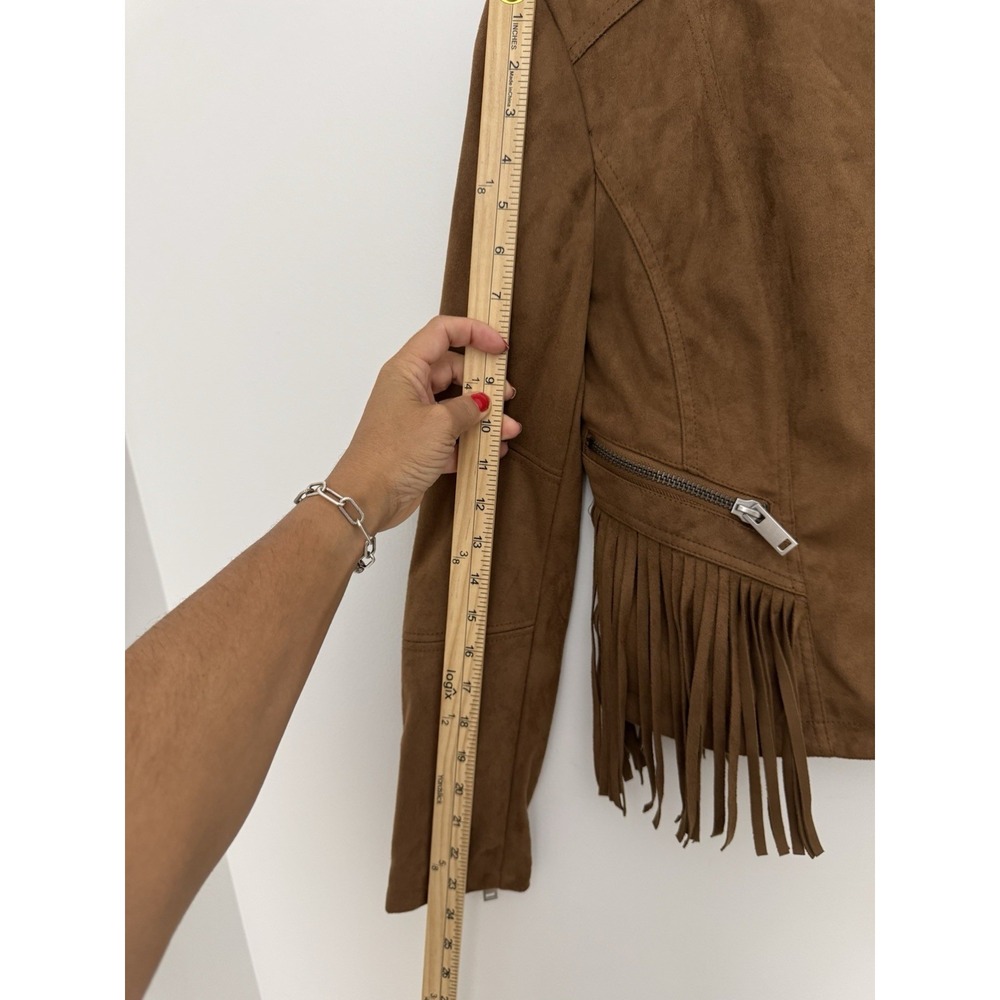 Faux Suede Jacket Women Small Western Fringe Boho Open Front Tan Coastal Cowgirl - Picture 9 of 11